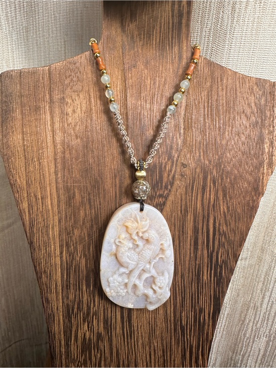 Jewelry - Coral Fossil Birds Pendant with Ocean Jasper on Adjustable Rope